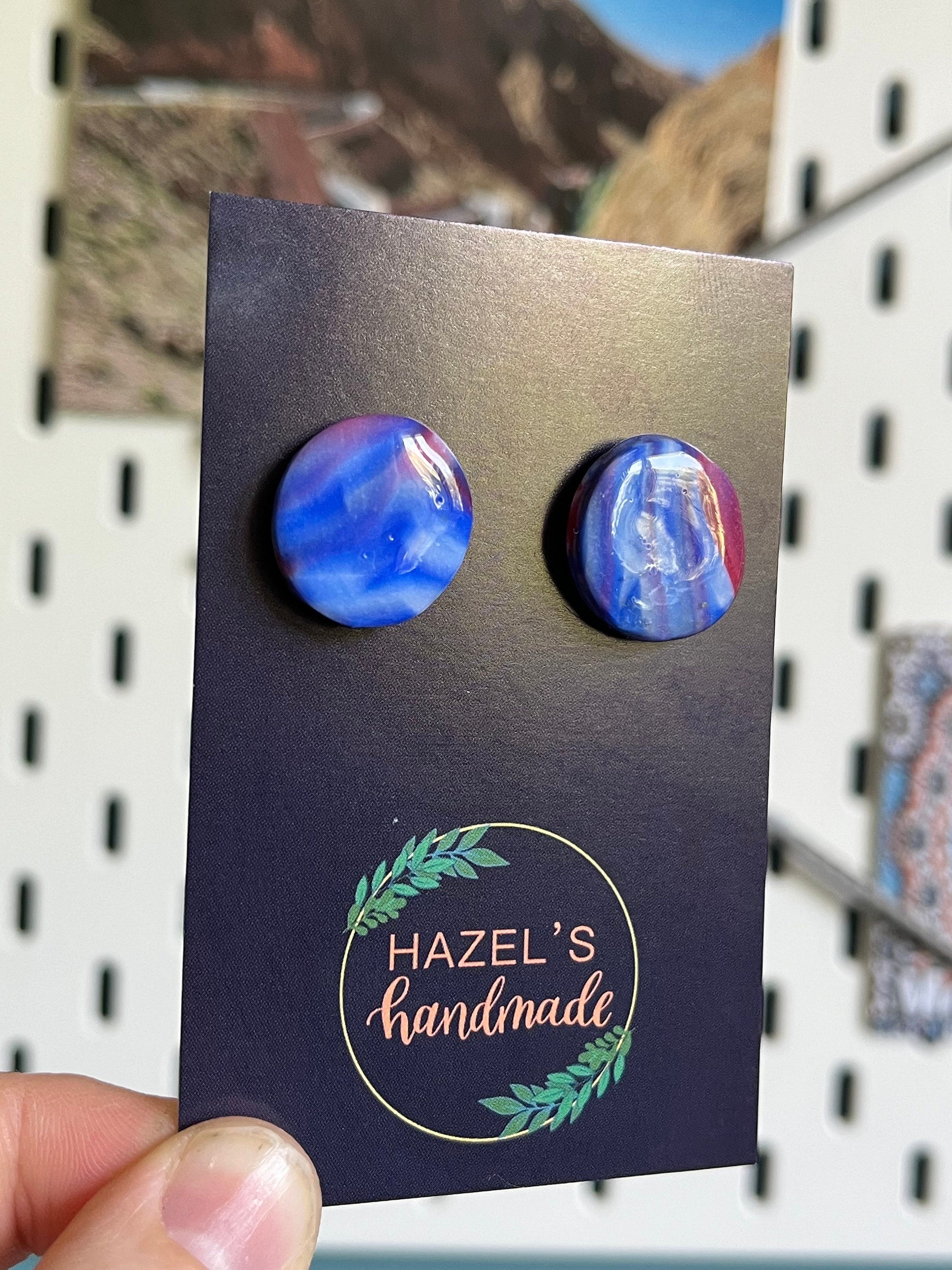 Red, White and Blue Marble Effect Round Stud Earrings | Handmade Polymer Earrings | Statement piece earrings