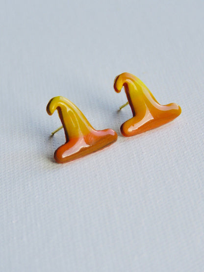 Orange And Yellow Witches Hat Halloween Stud Earrings | Handmade Polymer Earrings | Statement piece earrings