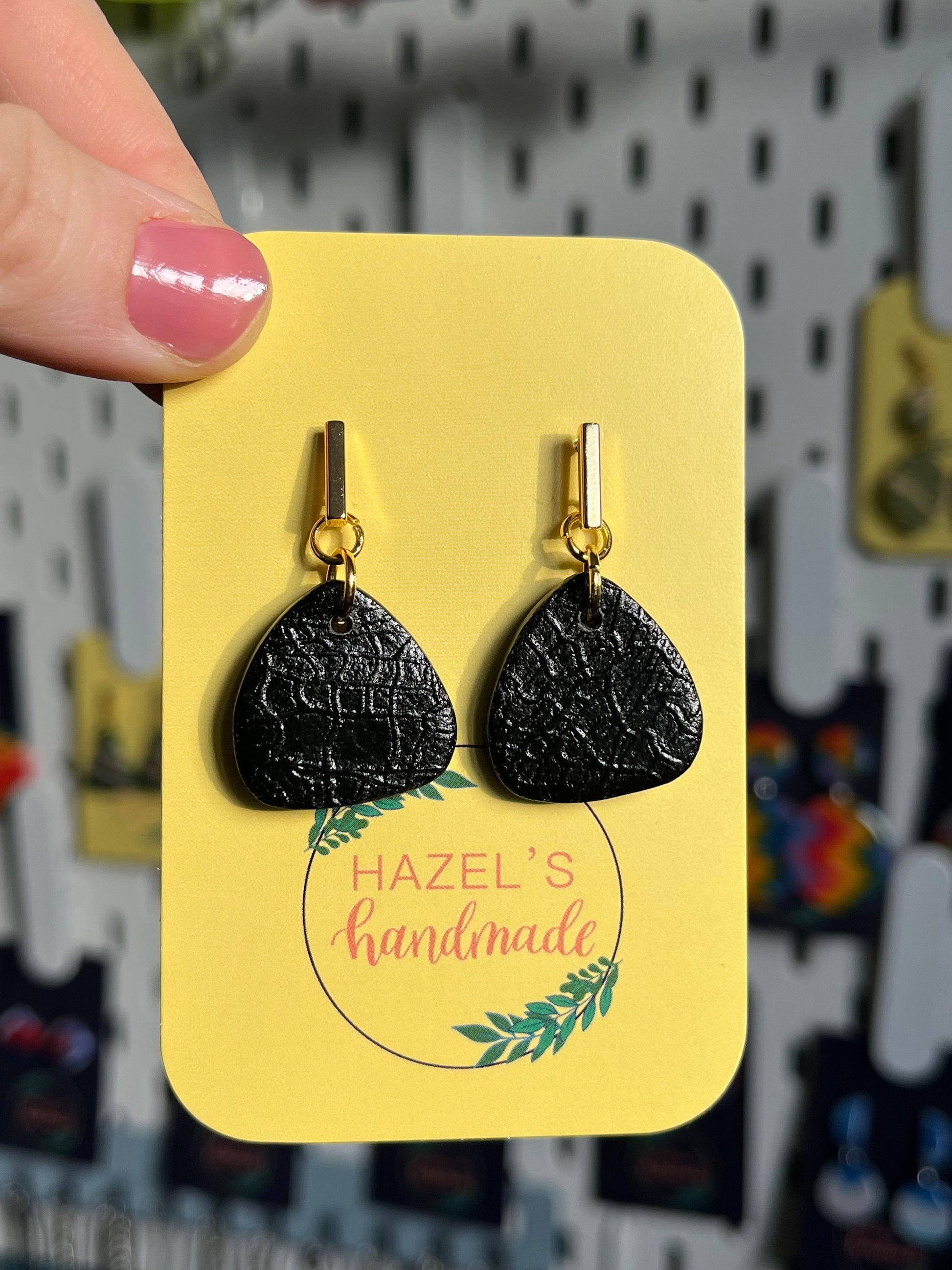 Satin Black Rounded shaped Earrings with embossed pattern and Gold coloured Stud