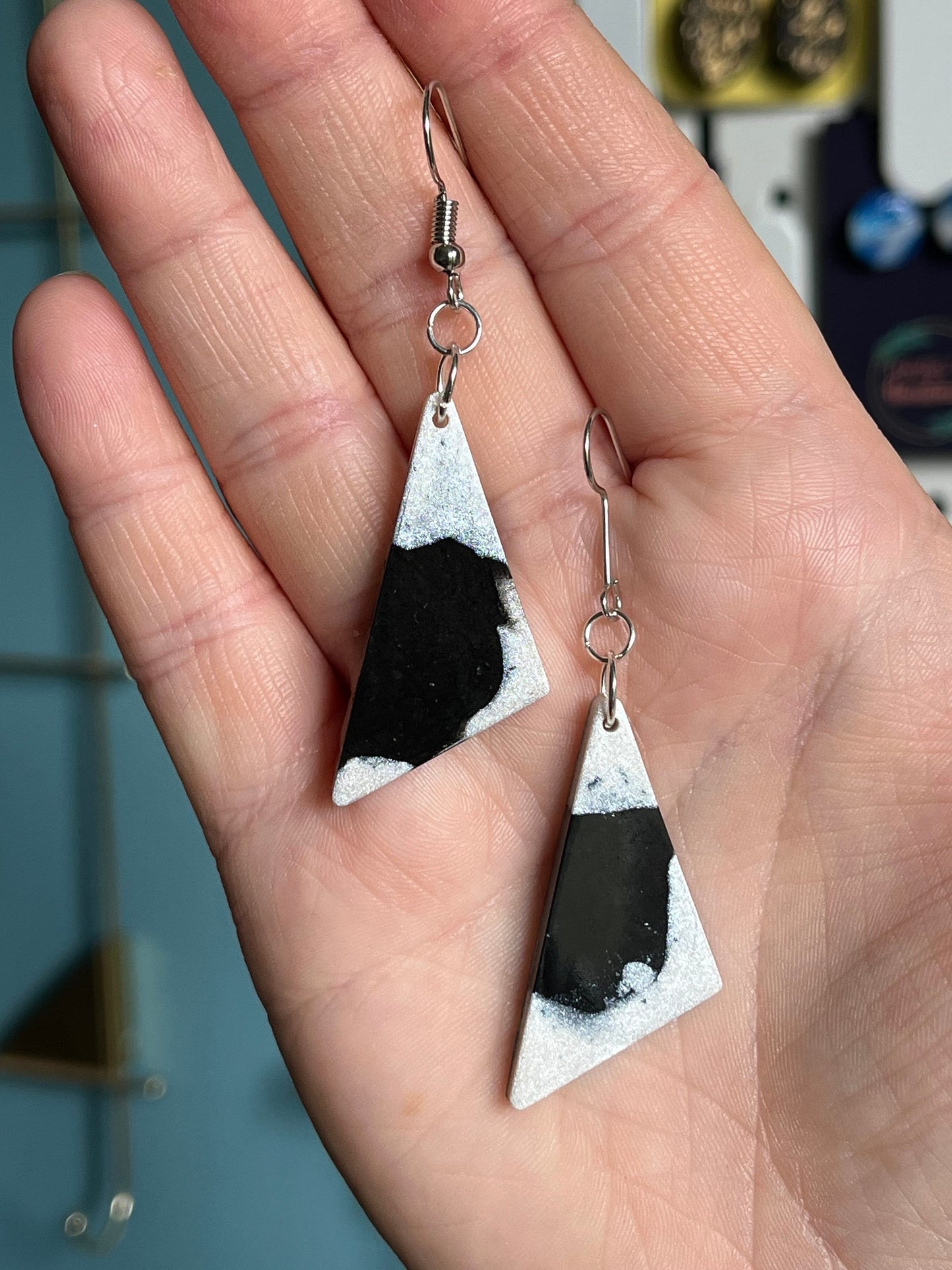 Black and White Triangle shaped Earrings with Silver findings