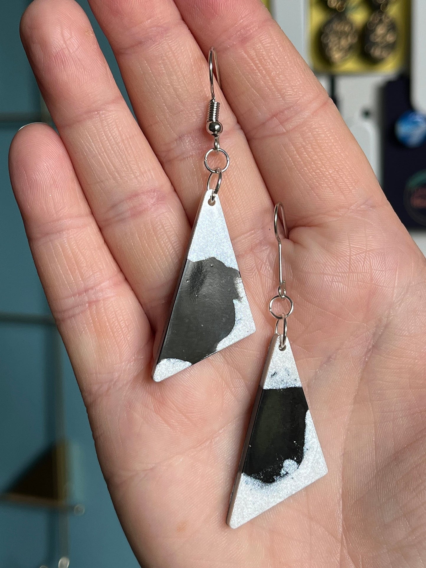 Black and White Triangle shaped Earrings with Silver findings