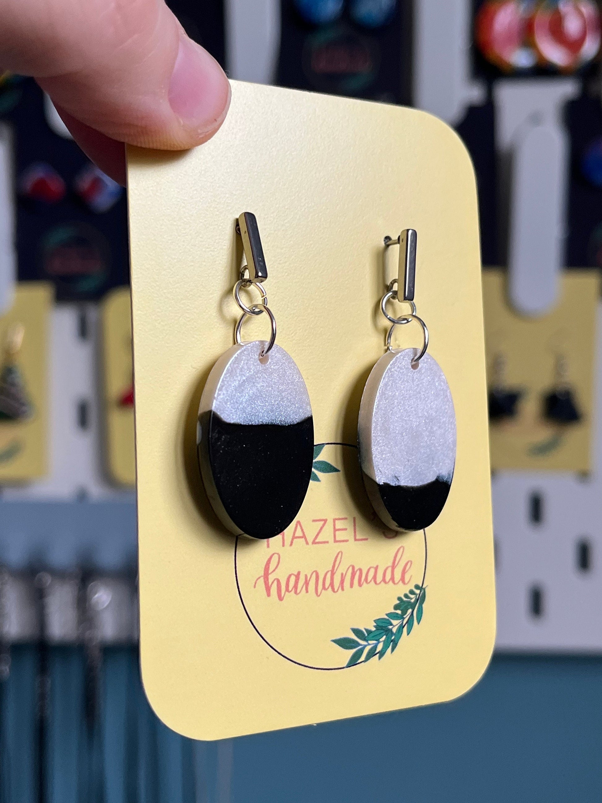 Black and White Oval shaped Earrings with Silver Stud findings