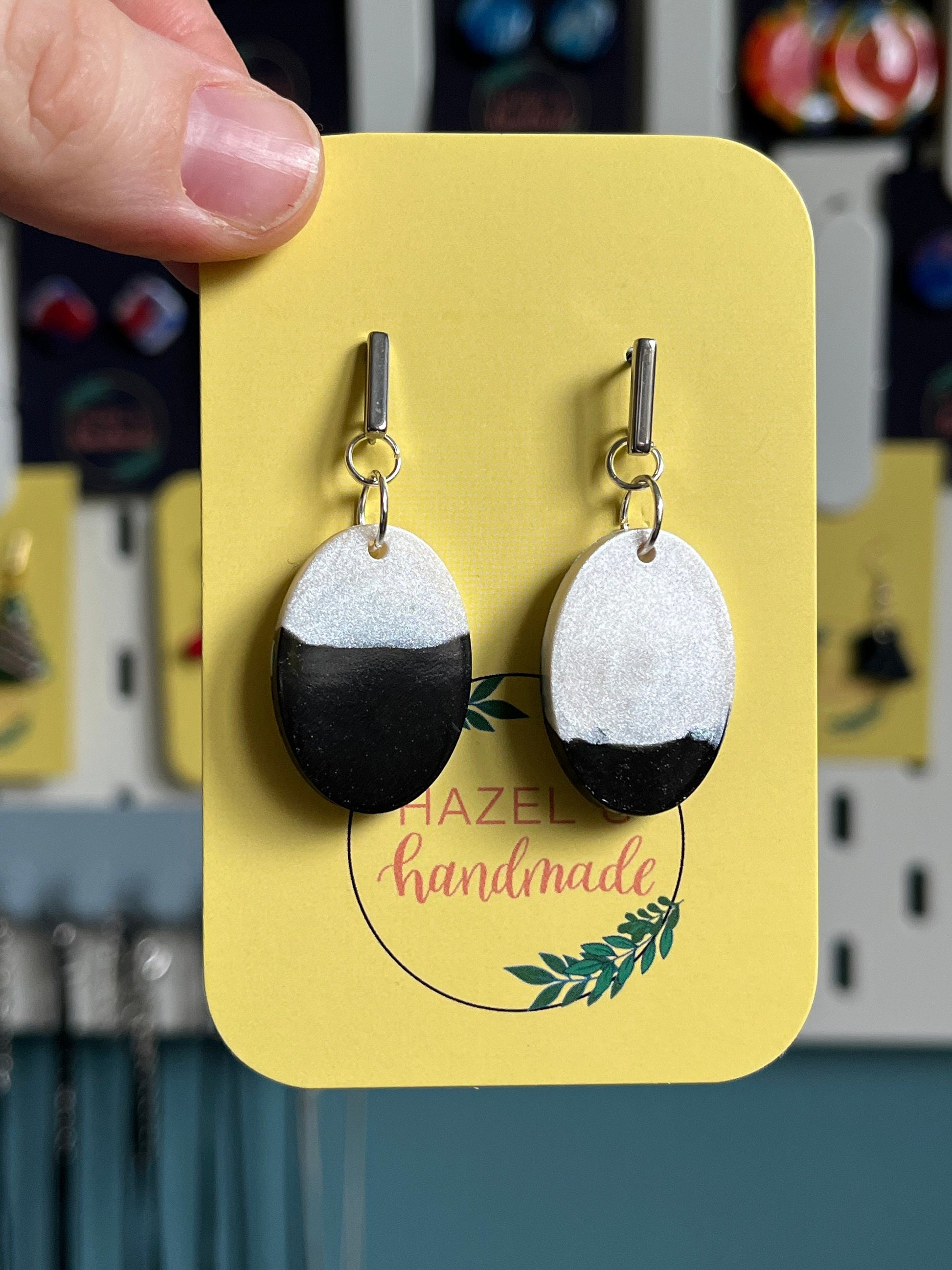 Black and White Oval shaped Earrings with Silver Stud findings