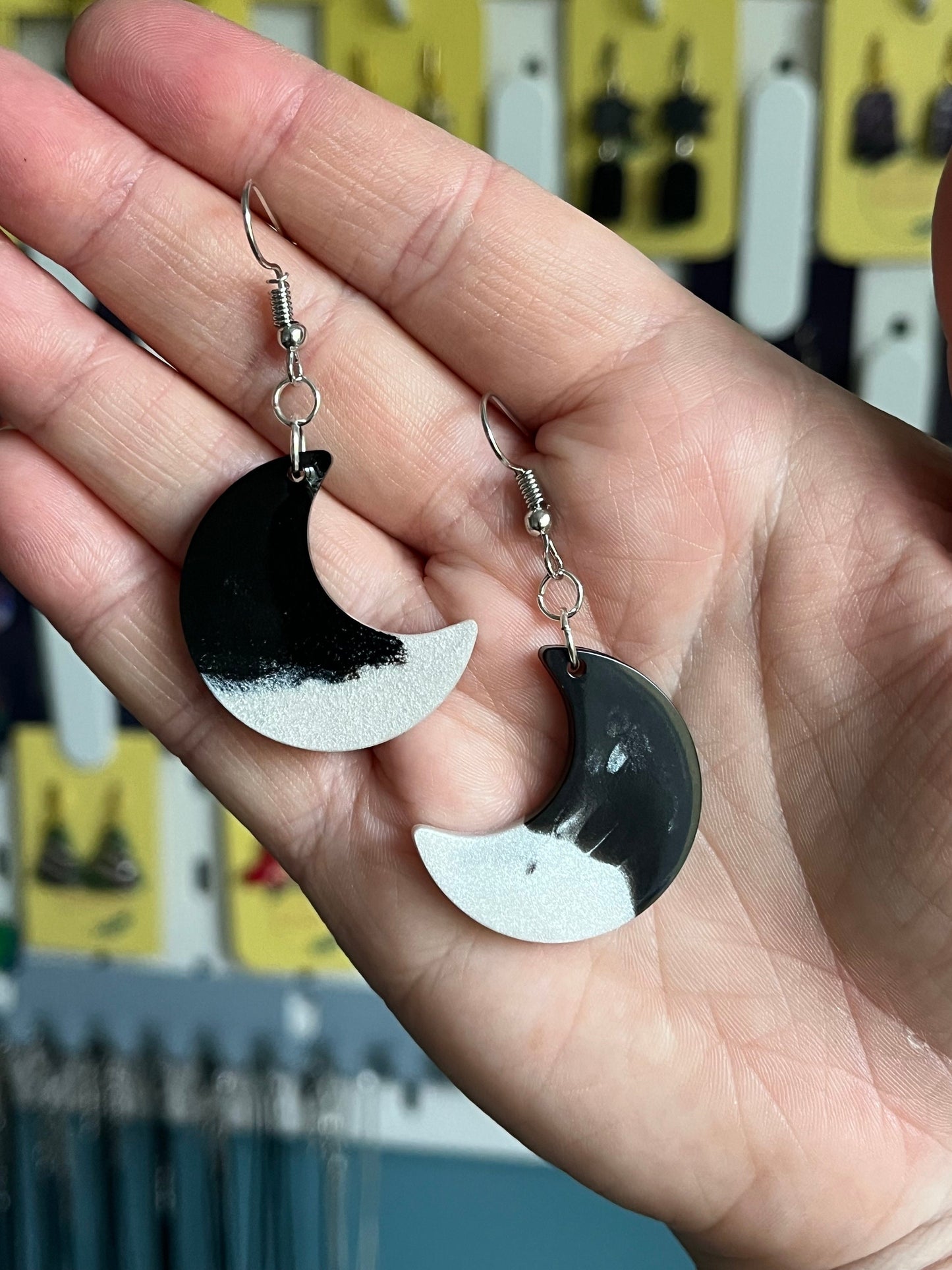 Black and White Moon shaped Earrings with Silver loop findings