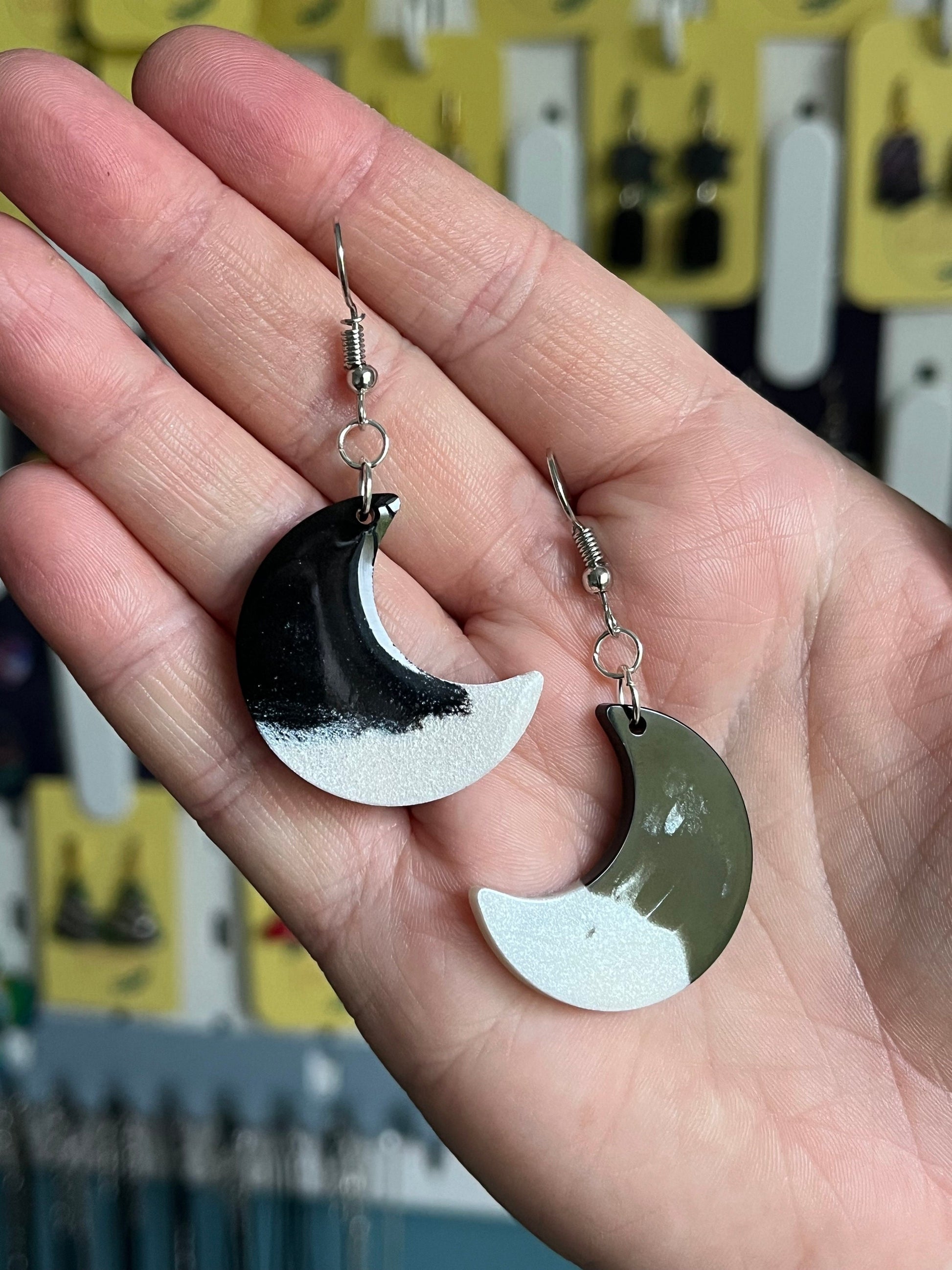 Black and White Moon shaped Earrings with Silver loop findings