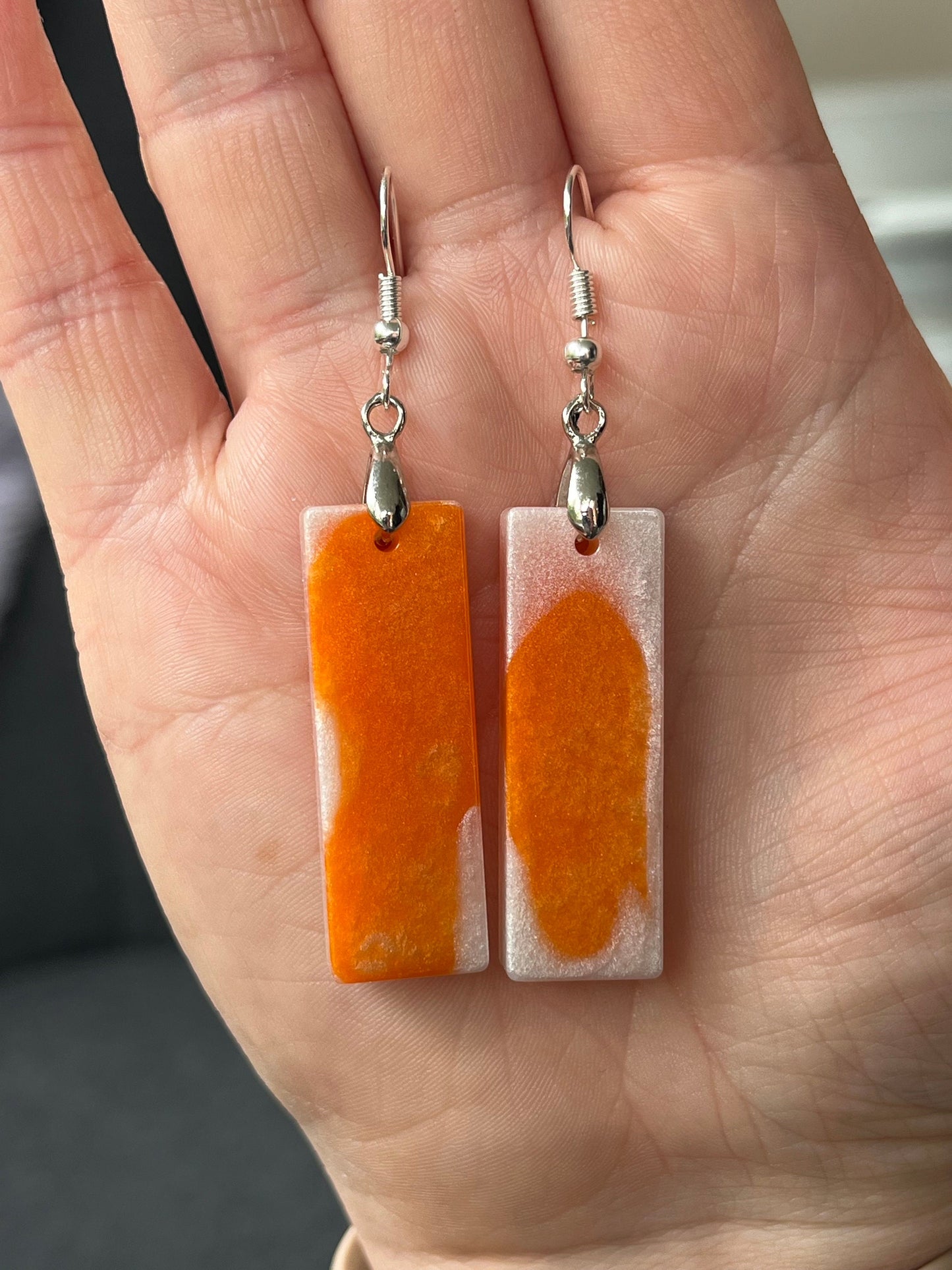 Orange and Pearl White Rectangle shaped Earrings with Stainless steel Loop Fixings.