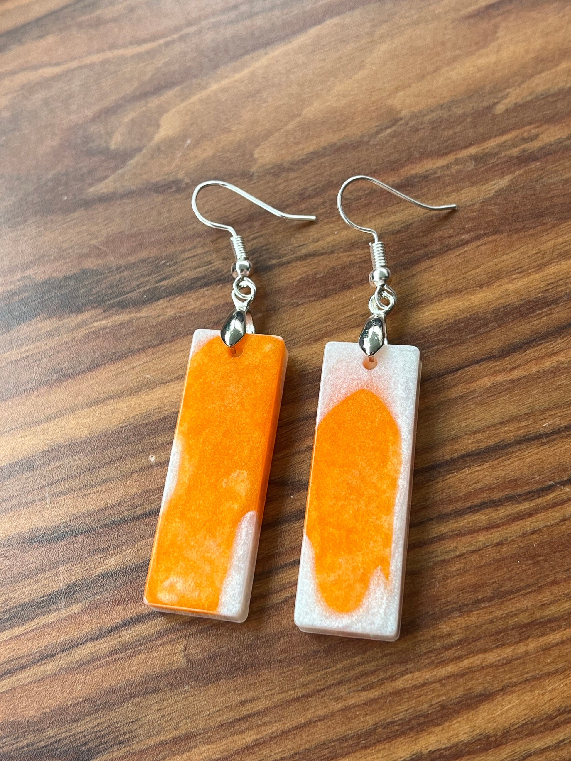 Orange and Pearl White Rectangle shaped Earrings with Stainless steel Loop Fixings.