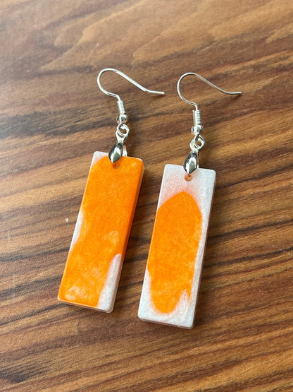 Orange and Pearl White Rectangle shaped Earrings with Stainless steel Loop Fixings.