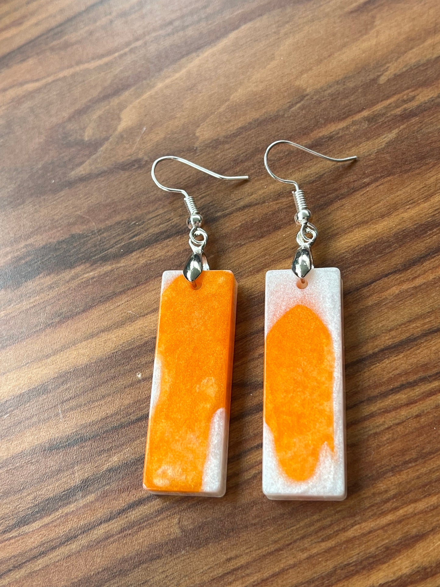 Orange and Pearl White Rectangle shaped Earrings with Stainless steel Loop Fixings.