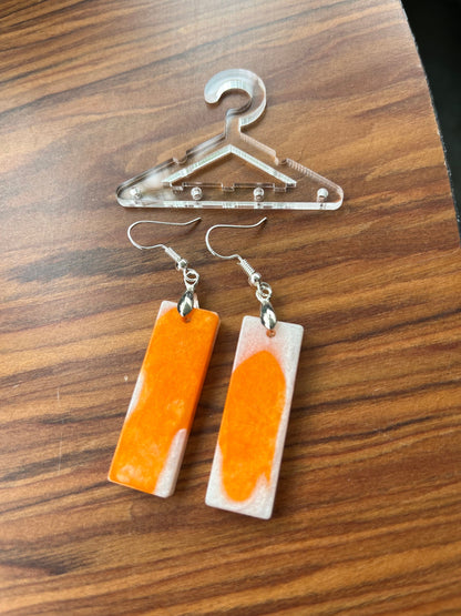 Orange and Pearl White Rectangle shaped Earrings with Stainless steel Loop Fixings.