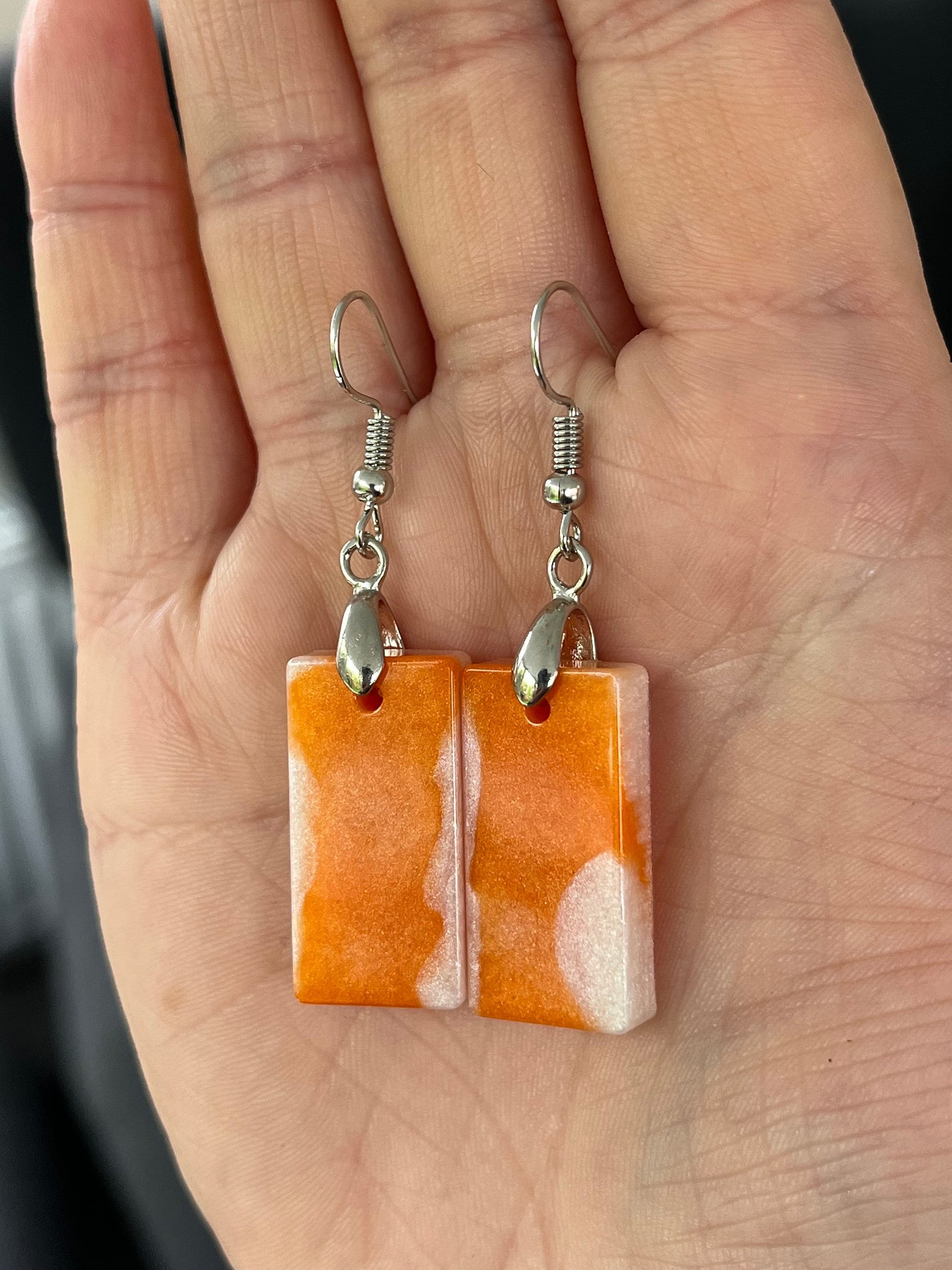 Orange and Pearl White Rectangle shaped Earrings with Stainless steel Loop Fixings.