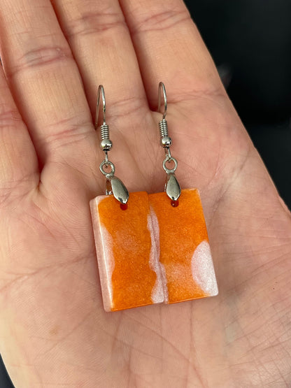 Orange and Pearl White Rectangle shaped Earrings with Stainless steel Loop Fixings.