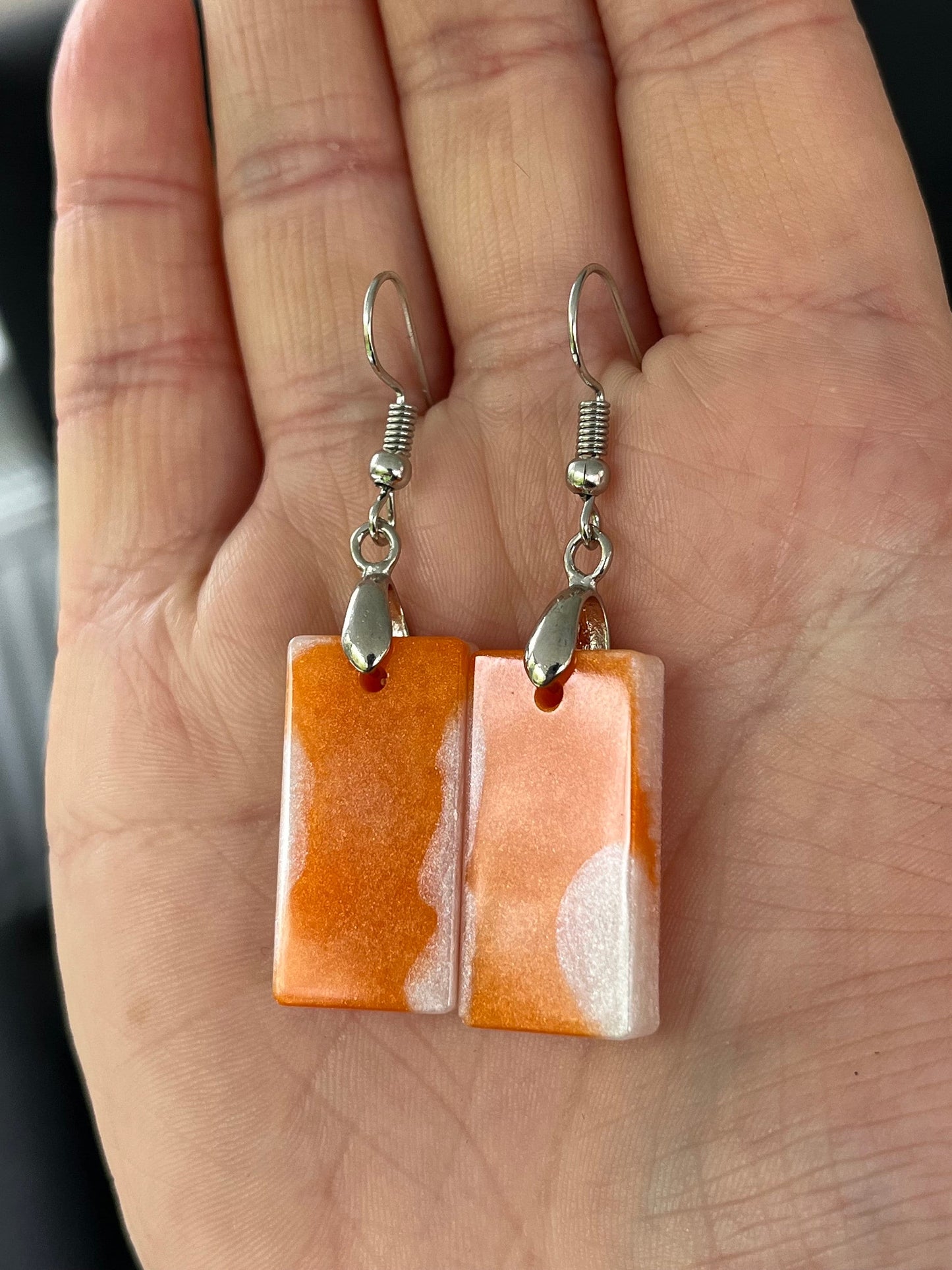 Orange and Pearl White Rectangle shaped Earrings with Stainless steel Loop Fixings.