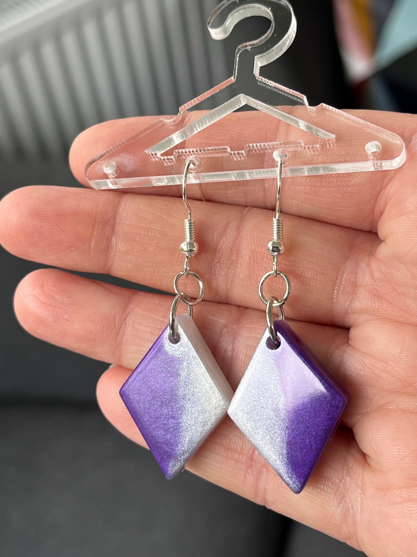 Purple and Pearl White Diamond Shape Earrings with Fishhook backing.