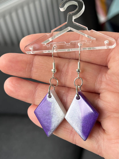 Purple and Pearl White Diamond Shape Earrings with Fishhook backing.