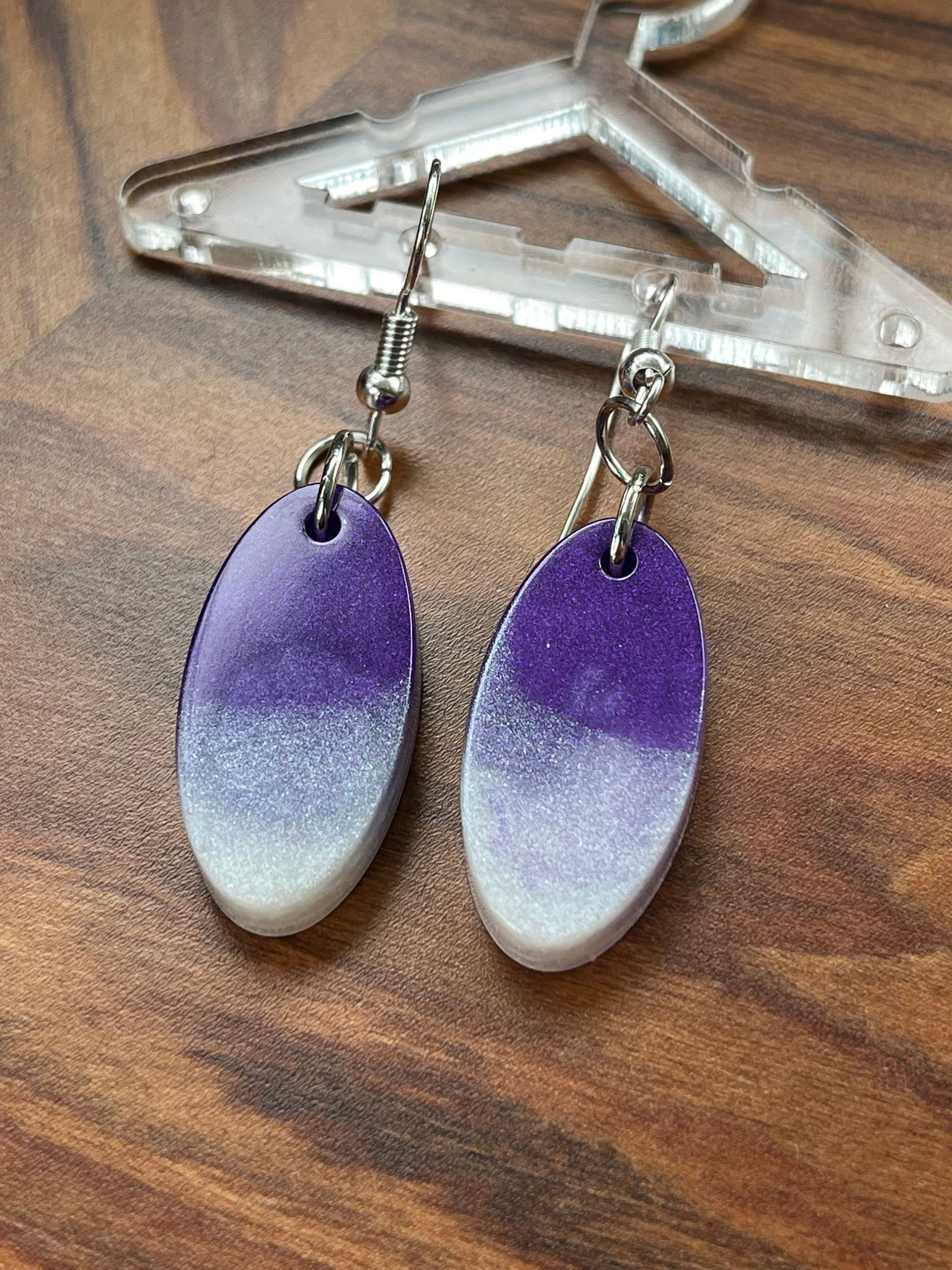 Purple and Pearl White Oval Shape Earrings with Fishhook backing.