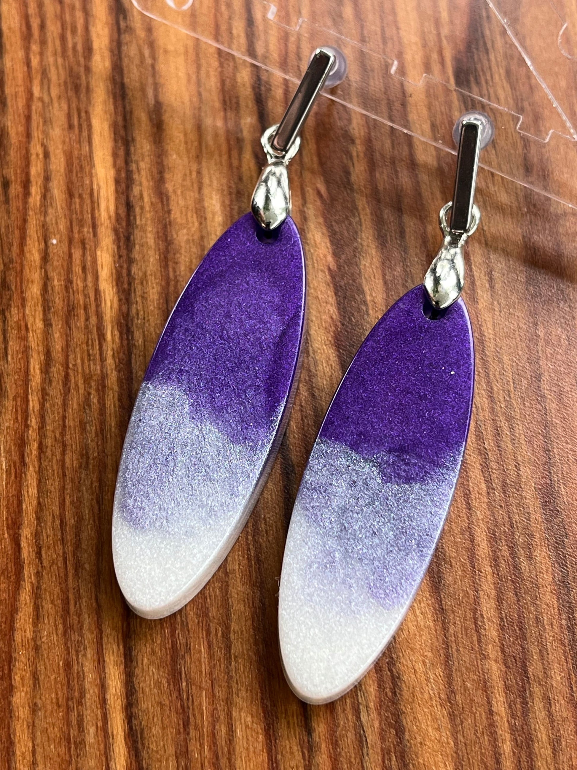 Purple and Pearl White Long Oval Shape Earrings with Stainless Steel Stud backing.