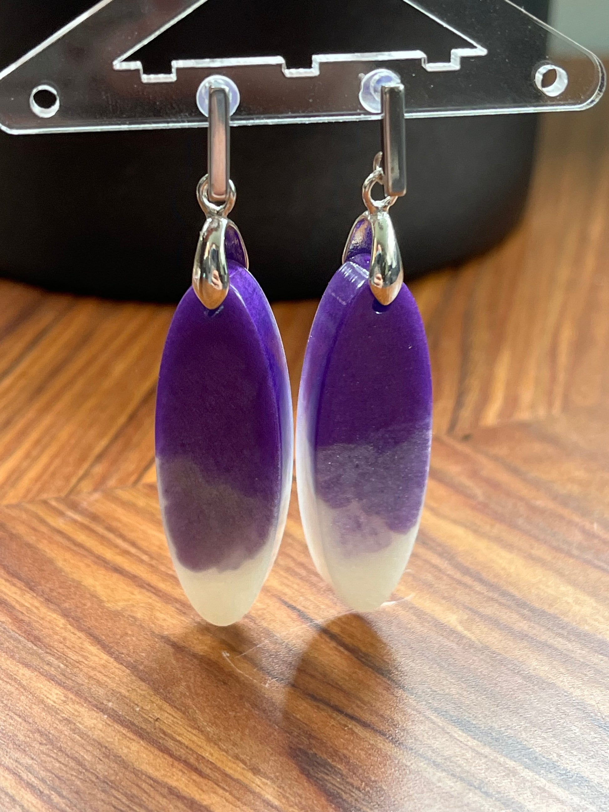 Purple and Pearl White Long Oval Shape Earrings with Stainless Steel Stud backing.