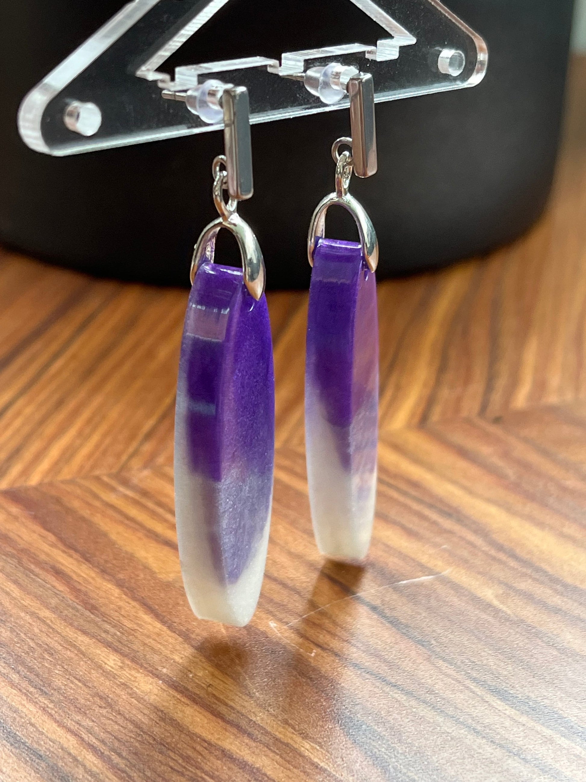 Purple and Pearl White Long Oval Shape Earrings with Stainless Steel Stud backing.