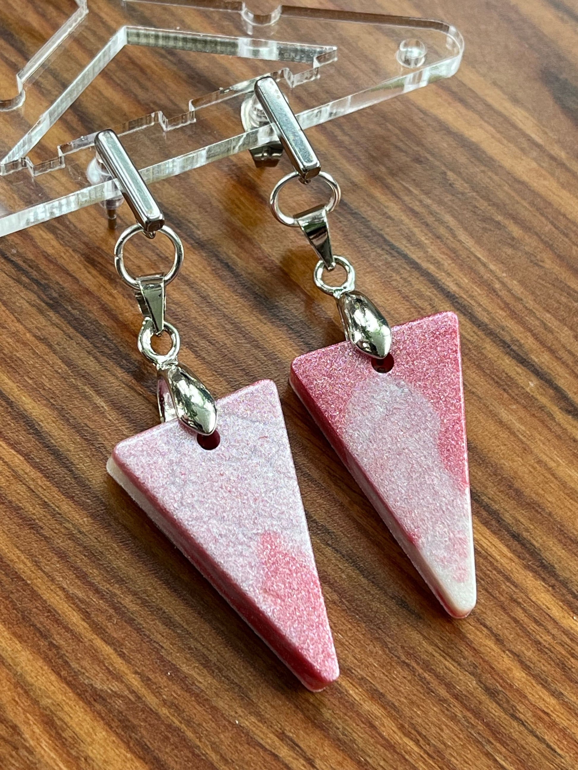 Pink and Pearl White Triangle shaped Earrings with Stainless Steel Stud fixings.