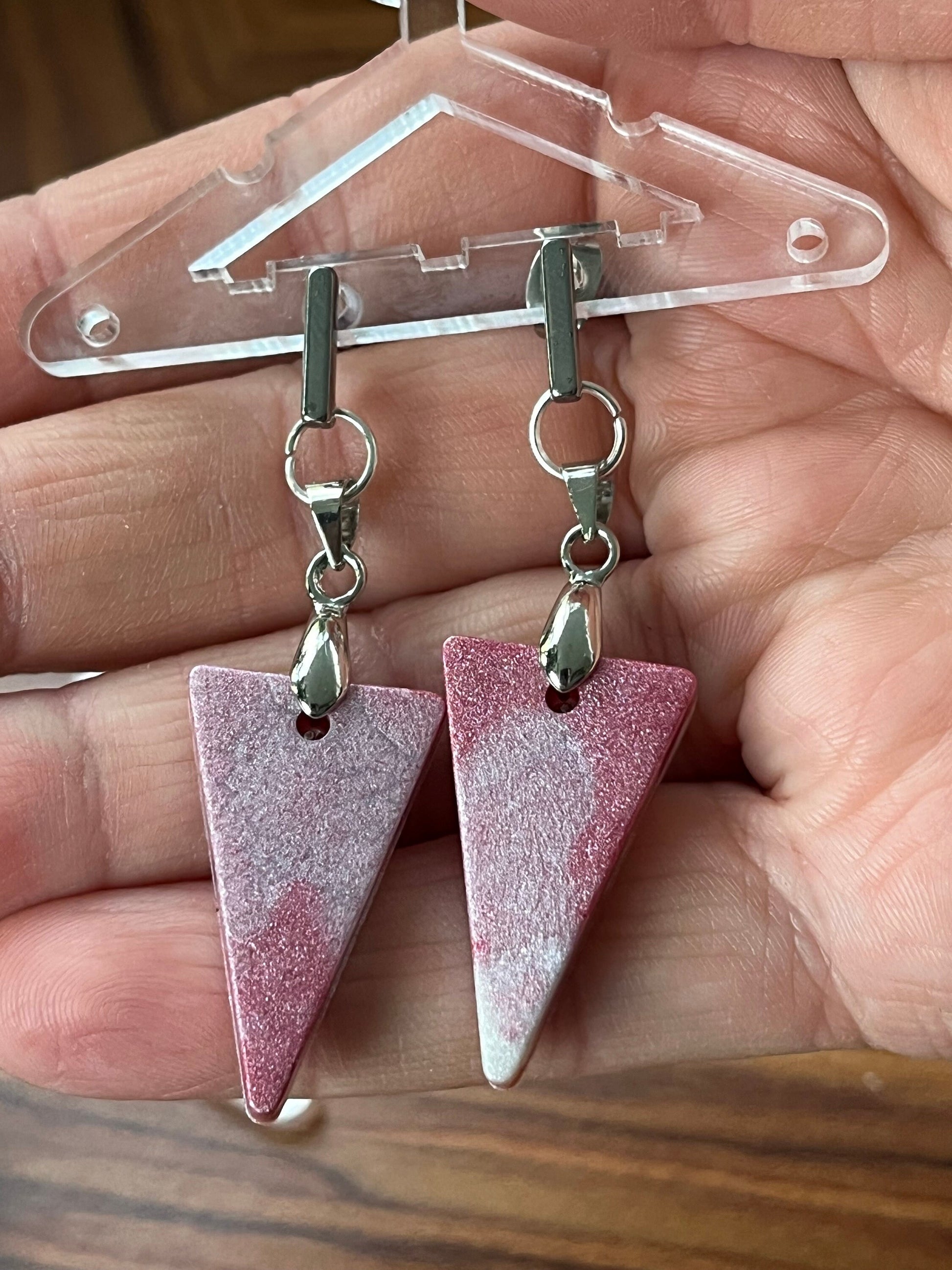 Pink and Pearl White Triangle shaped Earrings with Stainless Steel Stud fixings.