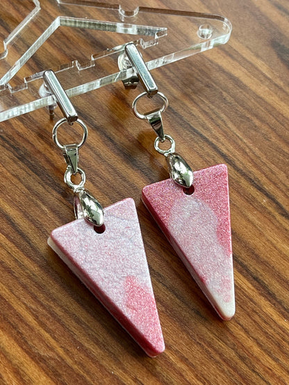 Pink and Pearl White Triangle shaped Earrings with Stainless Steel Stud fixings.