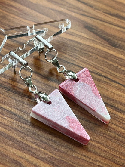 Pink and Pearl White Triangle shaped Earrings with Stainless Steel Stud fixings.