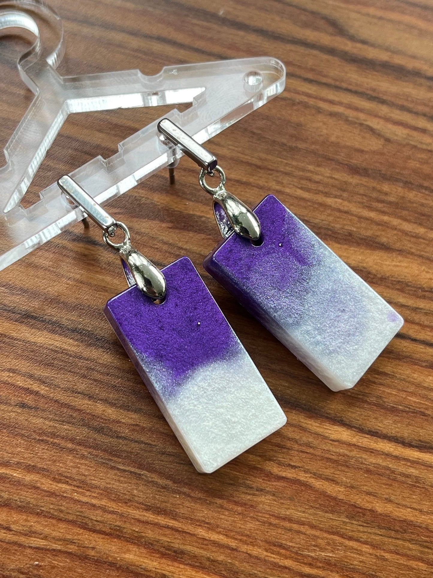 Purple and Pearl White Short Rectangle Shape earrings with Stainless Steel Stud fixings