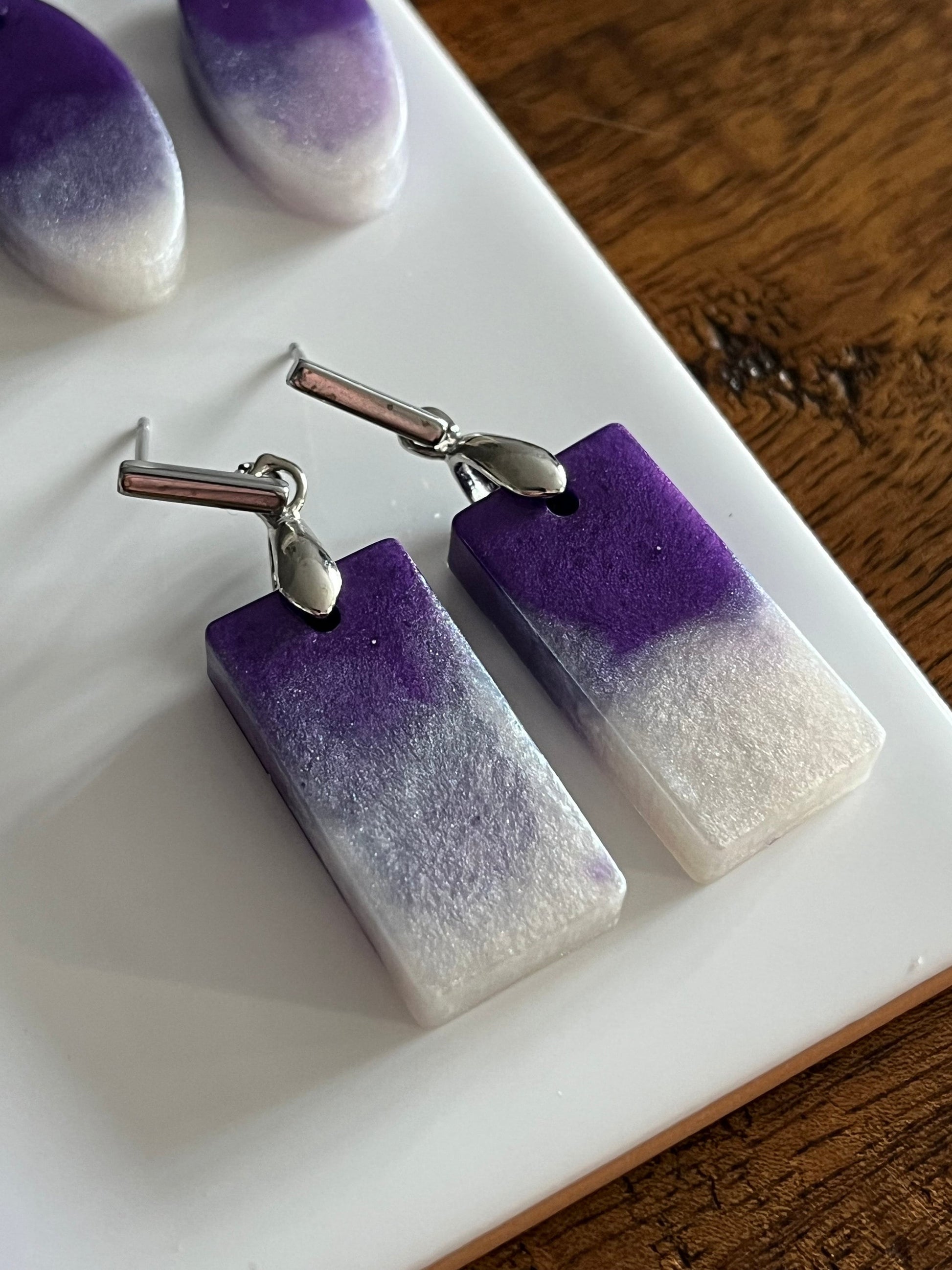 Purple and Pearl White Short Rectangle Shape earrings with Stainless Steel Stud fixings