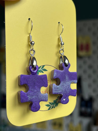 Purple and Pearl white Jigsaw shape Dangle earrings with Stainless steel fishhook fixings