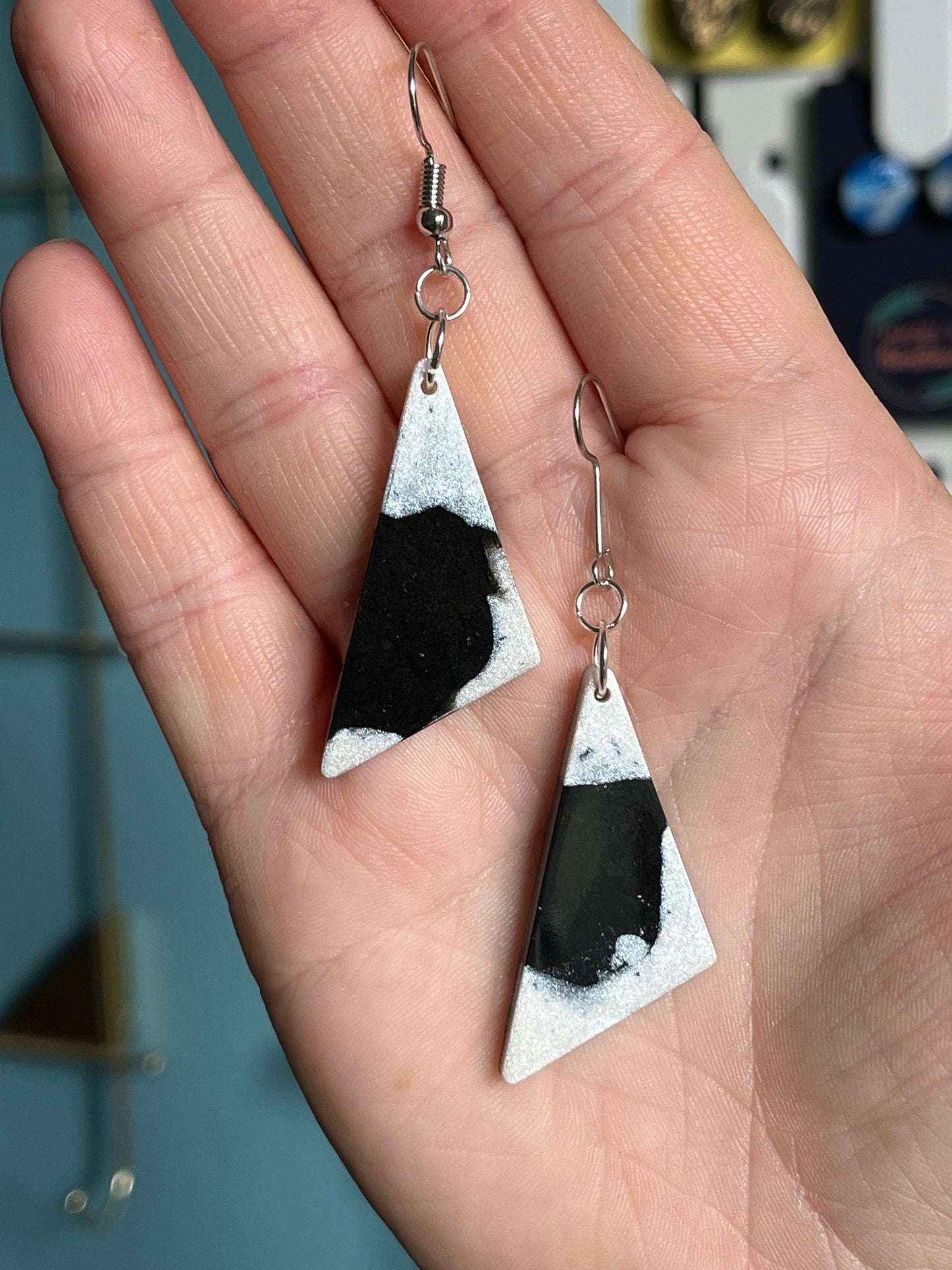 Black and White Triangle shaped Earrings with Silver findings