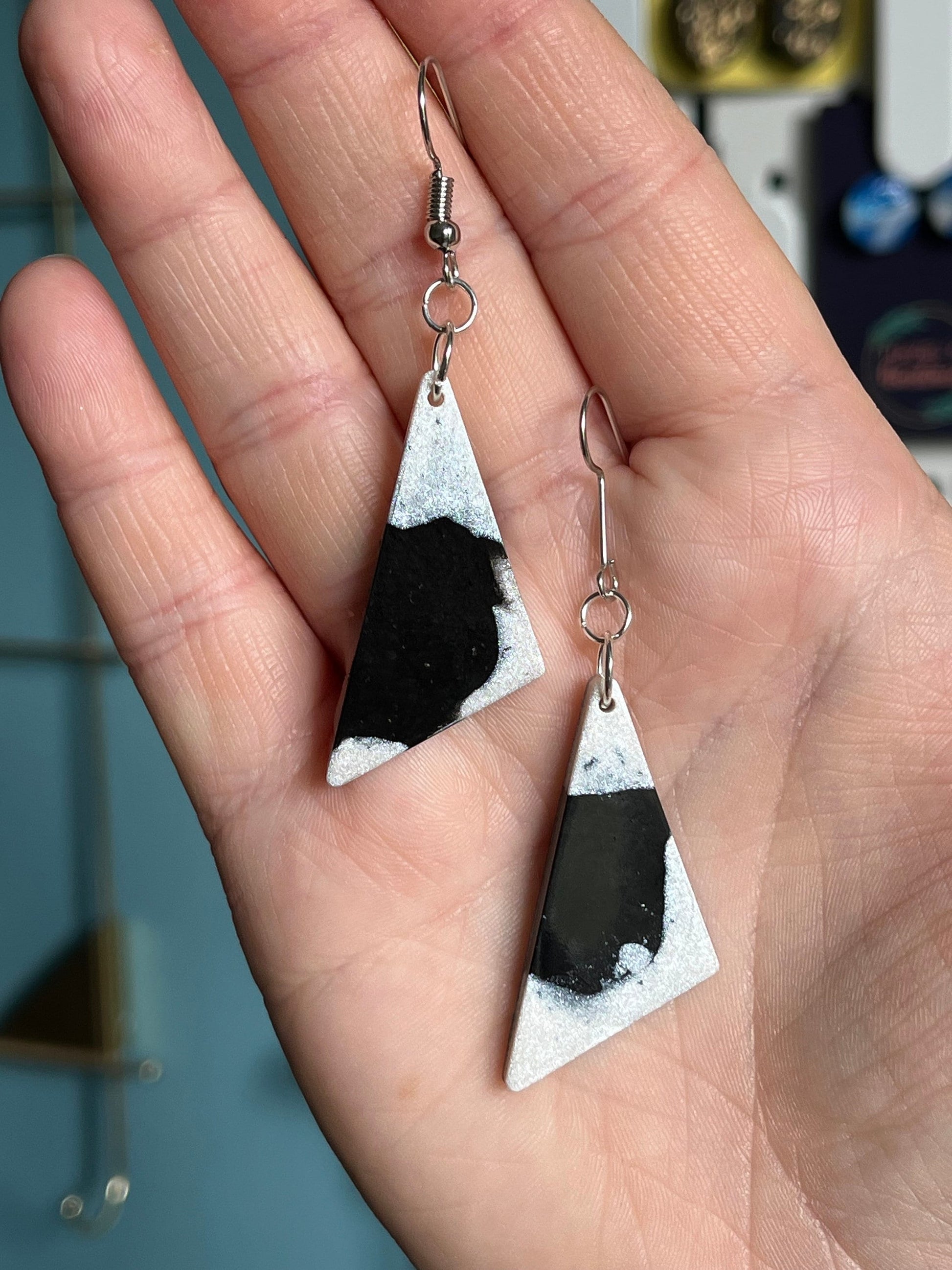 Black and White Triangle shaped Earrings with Silver findings