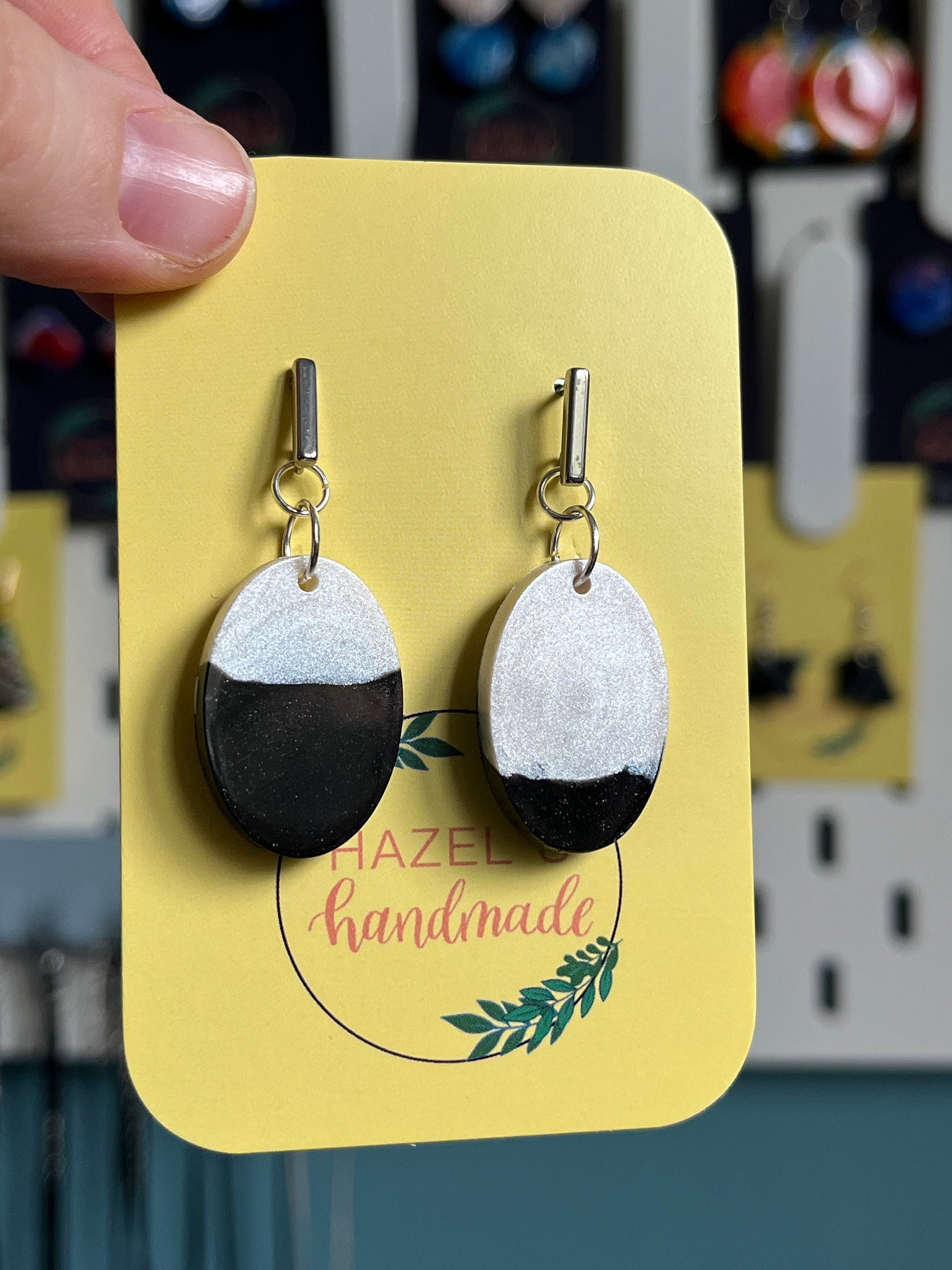 Black and White Oval shaped Earrings with Silver Stud findings