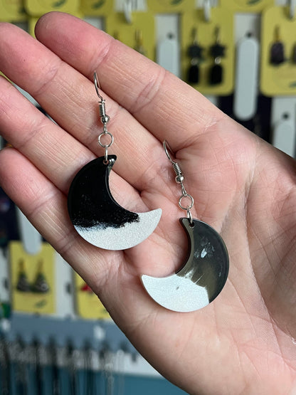 Black and White Moon shaped Earrings with Silver loop findings