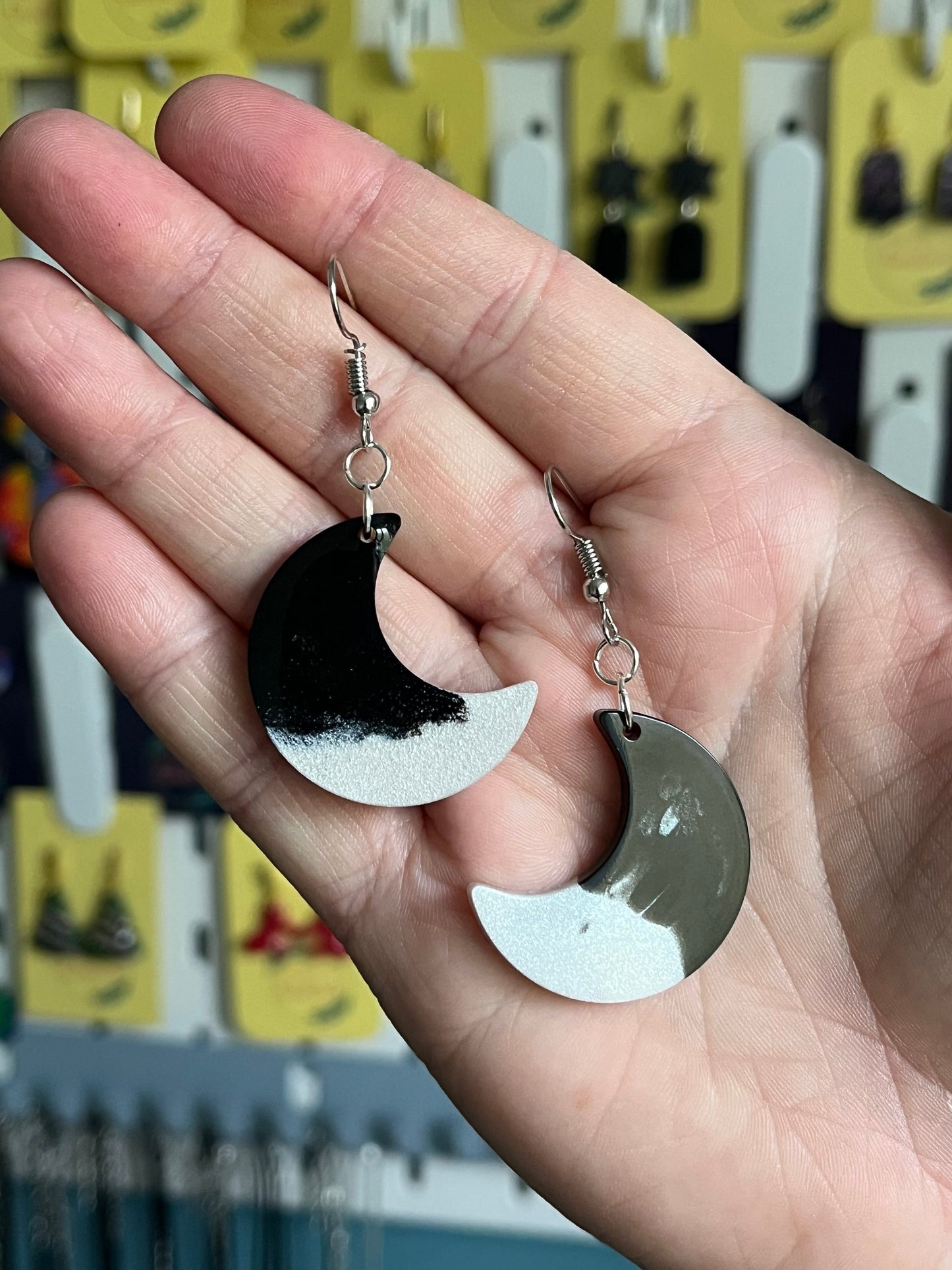 Black and White Moon shaped Earrings with Silver loop findings