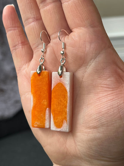 Orange and Pearl White Rectangle shaped Earrings with Stainless steel Loop Fixings.