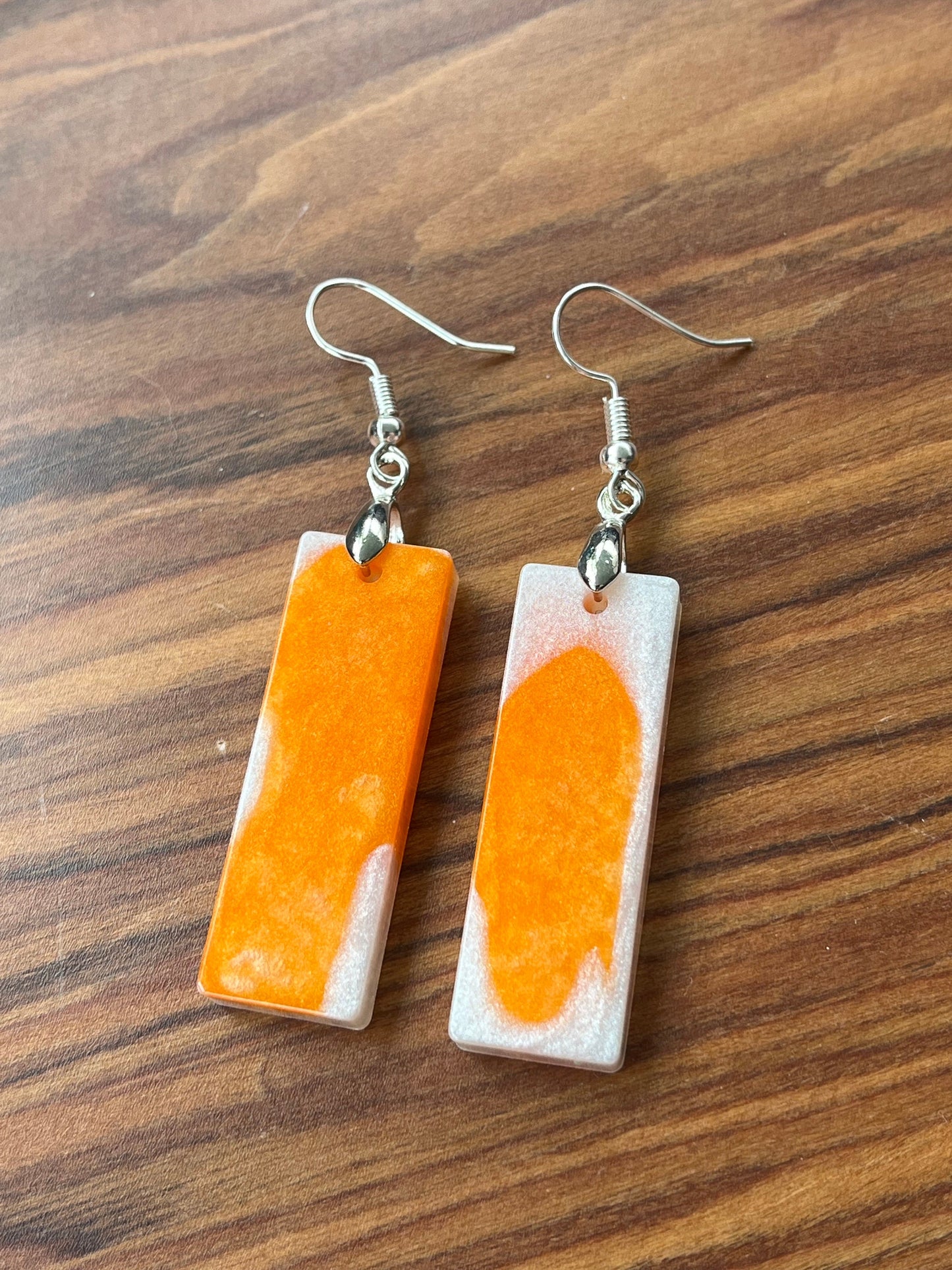 Orange and Pearl White Rectangle shaped Earrings with Stainless steel Loop Fixings.