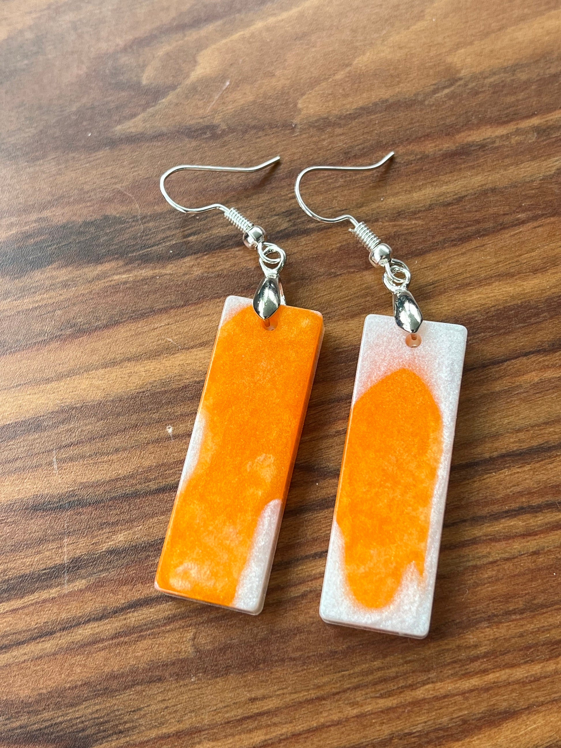 Orange and Pearl White Rectangle shaped Earrings with Stainless steel Loop Fixings.