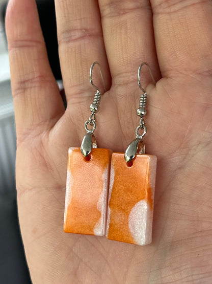 Orange and Pearl White Rectangle shaped Earrings with Stainless steel Loop Fixings.