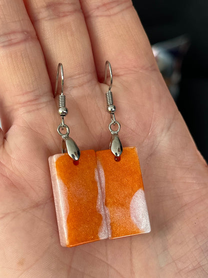 Orange and Pearl White Rectangle shaped Earrings with Stainless steel Loop Fixings.