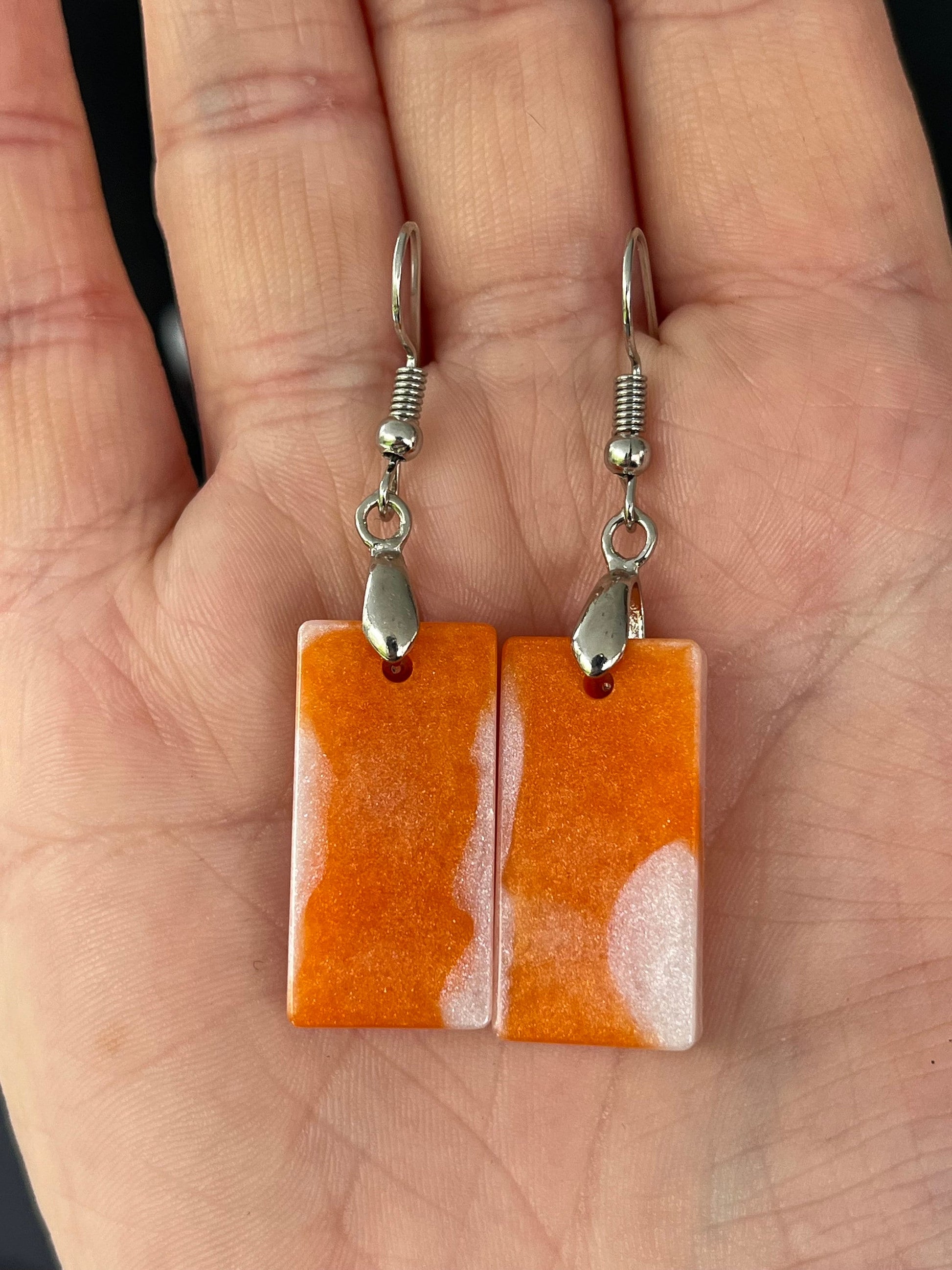 Orange and Pearl White Rectangle shaped Earrings with Stainless steel Loop Fixings.