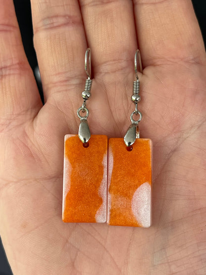 Orange and Pearl White Rectangle shaped Earrings with Stainless steel Loop Fixings.