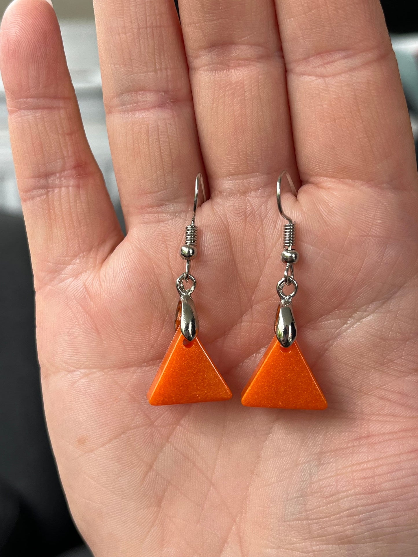 Orange Triangle shaped Earrings with Stainless steel Fishhook Fixings.