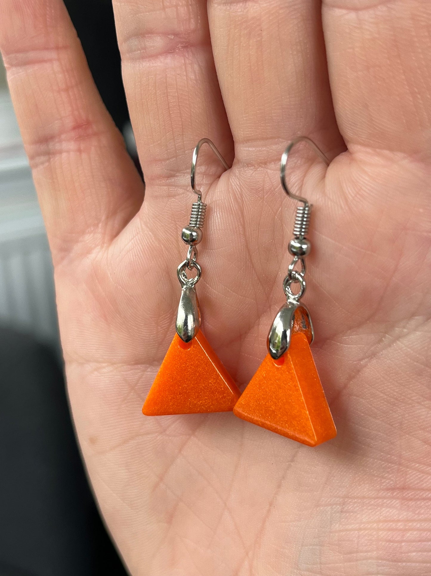 Orange Triangle shaped Earrings with Stainless steel Fishhook Fixings.