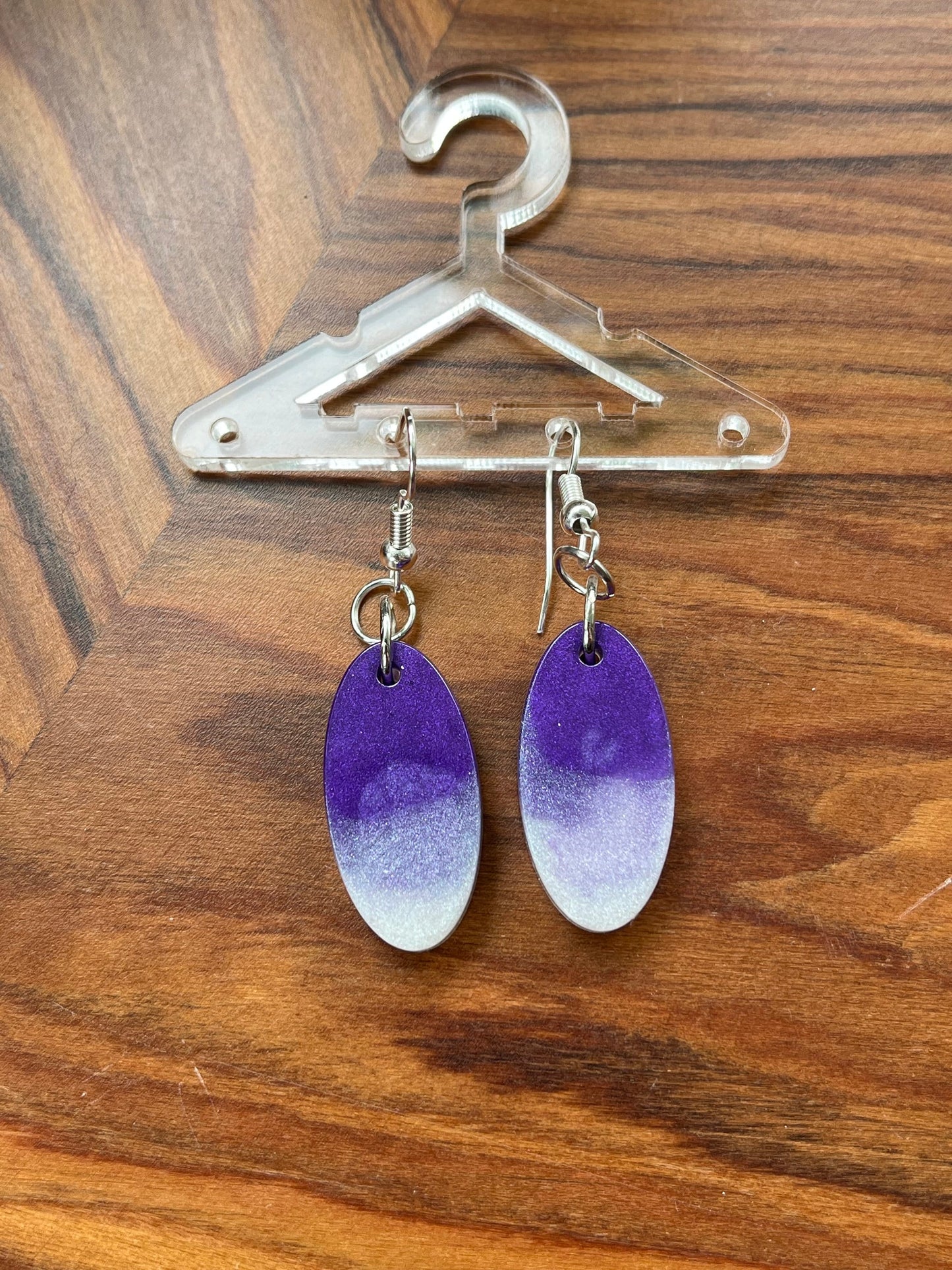 Purple and Pearl White Oval Shape Earrings with Fishhook backing.