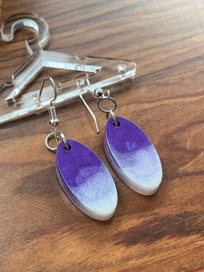 Purple and Pearl White Oval Shape Earrings with Fishhook backing.