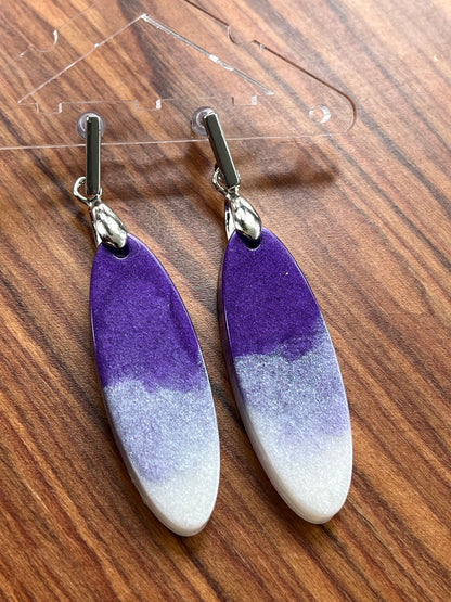 Purple and Pearl White Long Oval Shape Earrings with Stainless Steel Stud backing.