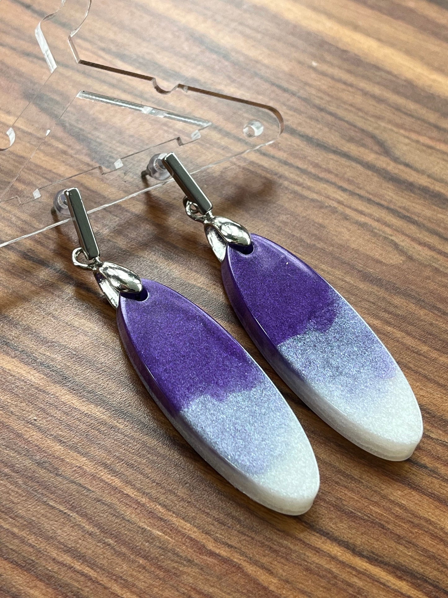 Purple and Pearl White Long Oval Shape Earrings with Stainless Steel Stud backing.