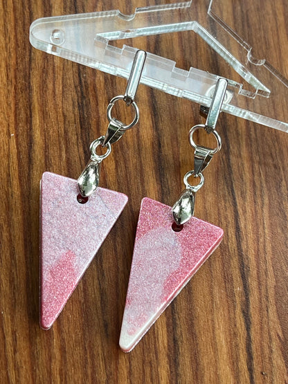 Pink and Pearl White Triangle shaped Earrings with Stainless Steel Stud fixings.