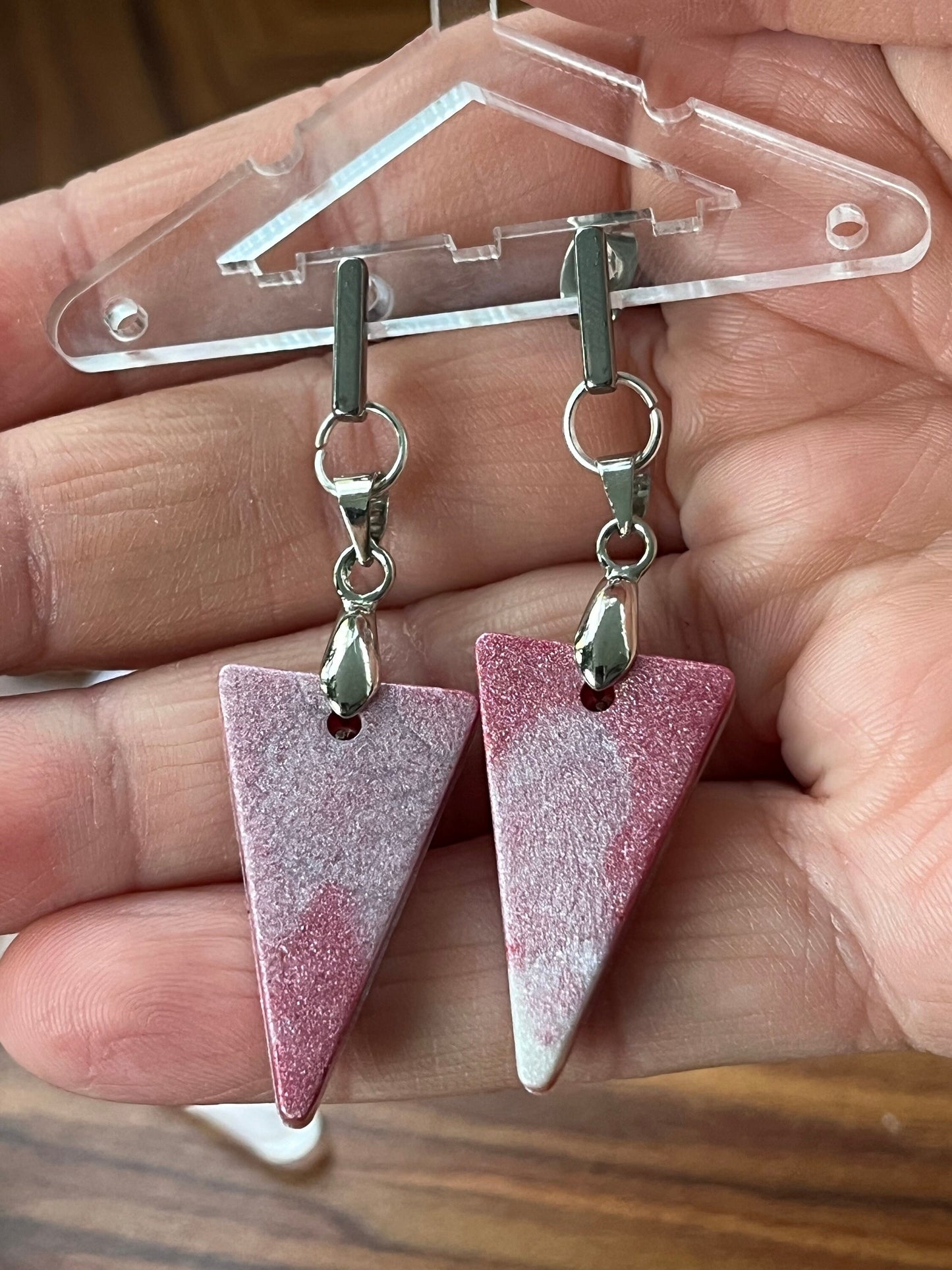 Pink and Pearl White Triangle shaped Earrings with Stainless Steel Stud fixings.